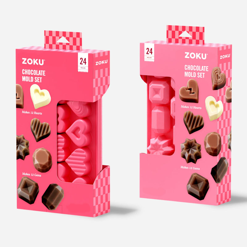 Zoku | Heart & Gem Chocolate Mold set featuring two boxes with 24 molds for crafting chocolates, candies, or soaps, ideal for creative kitchen projects.