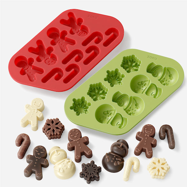 Zoku | Holiday Chocolate Mold featuring festive silicone molds for creating chocolates in gingerbread, candy cane, snowflake, and snowman shapes, perfect for holiday baking.