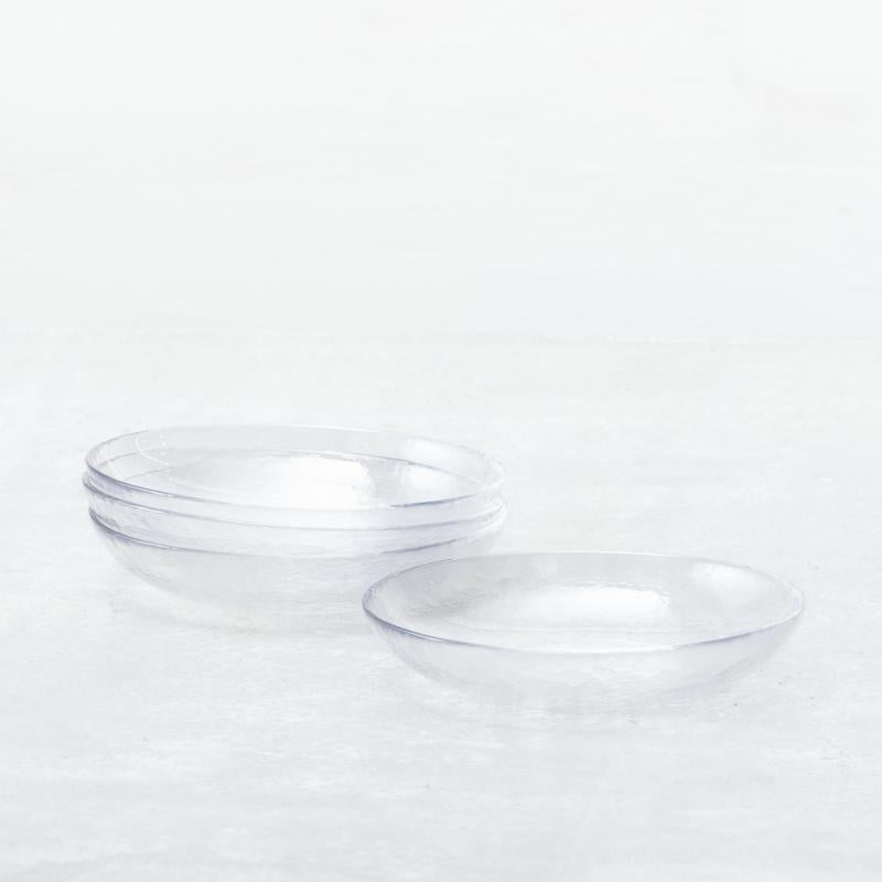 Zwiesel Fortessa Los Cabos Clear 25oz Coupe Entrée Bowl, 8.6 Inches, stacked and unstacked, showcasing its hammered texture and elegant design for versatile dining.