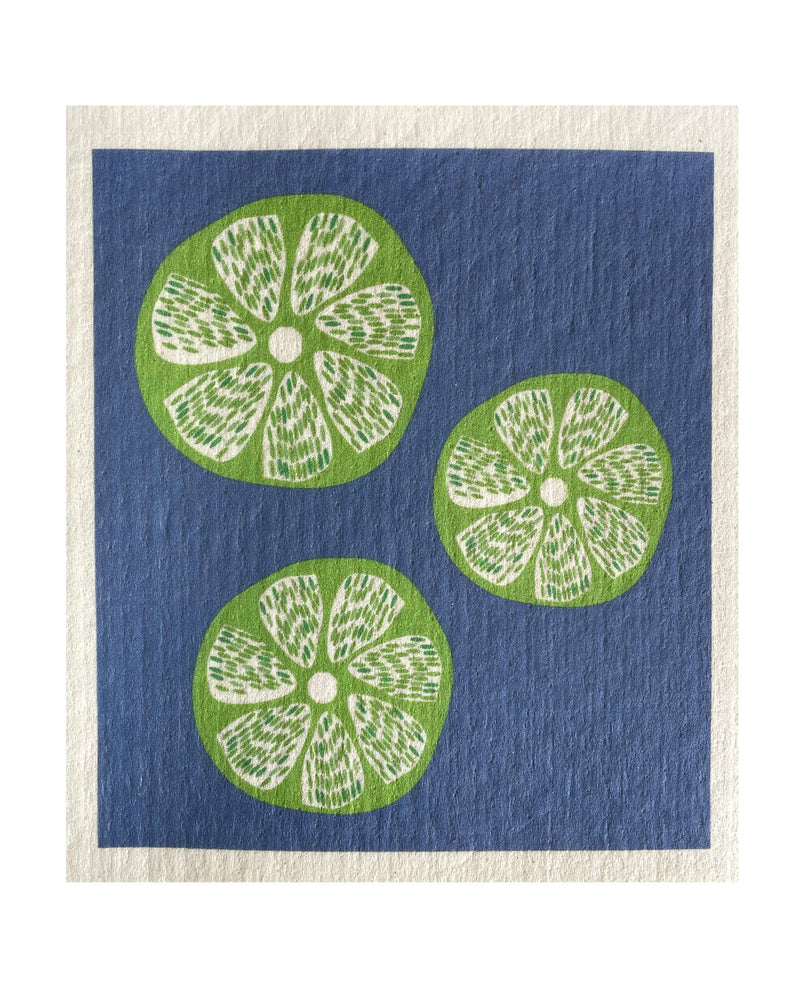 Ink and Fiber Designs - Limes Swedish Dishcloth, featuring a green and white pattern, ideal for eco-friendly kitchen use, highly absorbent, and washable.