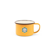 Crow Canyon Home | Camp Wandawega x CCH Enamelware Soup Mug - Mustard Yellow and Cream with Brown Rim, showcasing a retro design ideal for nostalgic outdoor cooking.