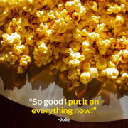 Diaspora Co. Spices - Popcorn Masala seasoning on popcorn, highlighting its unique blend of nutritional yeast, garlic, chillies, and turmeric for enhanced flavor.