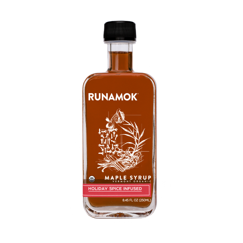Runamok - Holiday Spice Infused Maple Syrup 250ml bottle with botanical label, featuring cinnamon, ginger, nutmeg, vanilla, and clove, ideal for gifting and festive culinary uses.