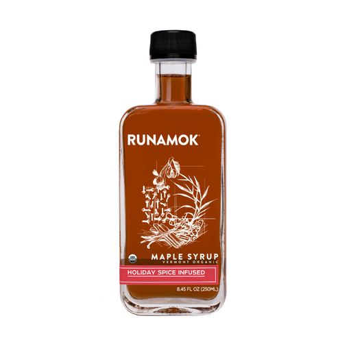 Runamok - Holiday Spice Infused Maple Syrup 250ml bottle with botanical label, featuring cinnamon, ginger, nutmeg, vanilla, and clove, ideal for gifting and festive culinary uses.