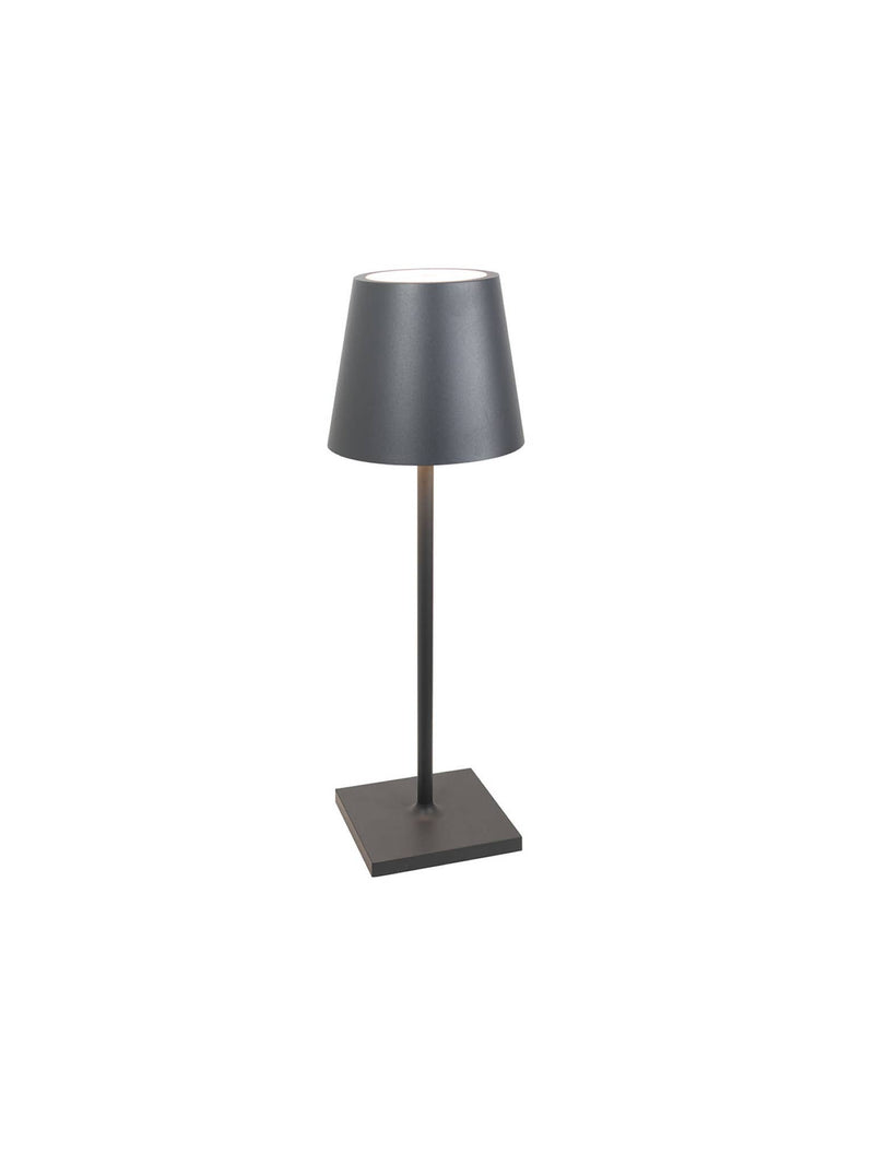 Zafferano America - Poldina Pro L Desk Lamp: Rust, features a sleek metal stem, conical shade, touch dimmable LED, and induction charging base, perfect for indoor/outdoor use.