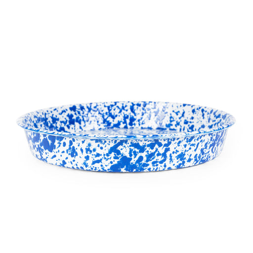 Crow Canyon Home Splatter Enamelware Cocktail Tray/Deep Dish Pizza Pan: Blue, featuring a shallow round design with a white base and blue splatter pattern.