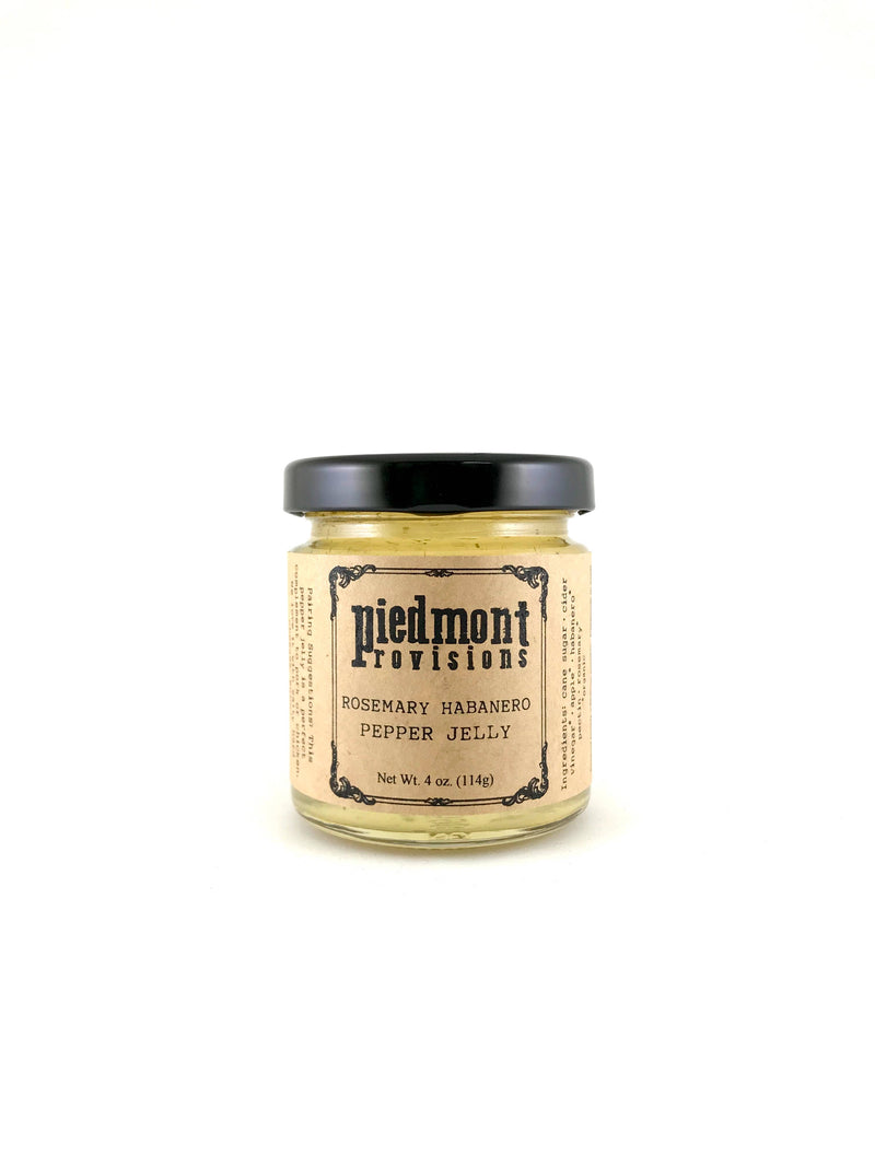 Piedmont Provisions - Rosemary Habanero Pepper Jelly in a glass jar, highlighting its tangy, sweet, and spicy blend ideal for enhancing various culinary dishes.