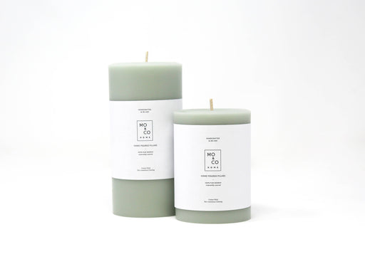 Mo&Co Home - 100% Beeswax Pillar Candles | Eucalyptus: 3x6 Inch, hand-poured, featuring white labels, ideal for eco-conscious home decor and celebrations.