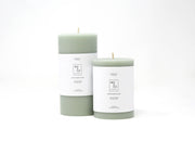 Mo&Co Home - 100% Beeswax Pillar Candles | Eucalyptus: 3x4 Inch. Hand-poured beeswax candles with white labels, showcasing sustainable, clean-burning design for home decor and celebrations.