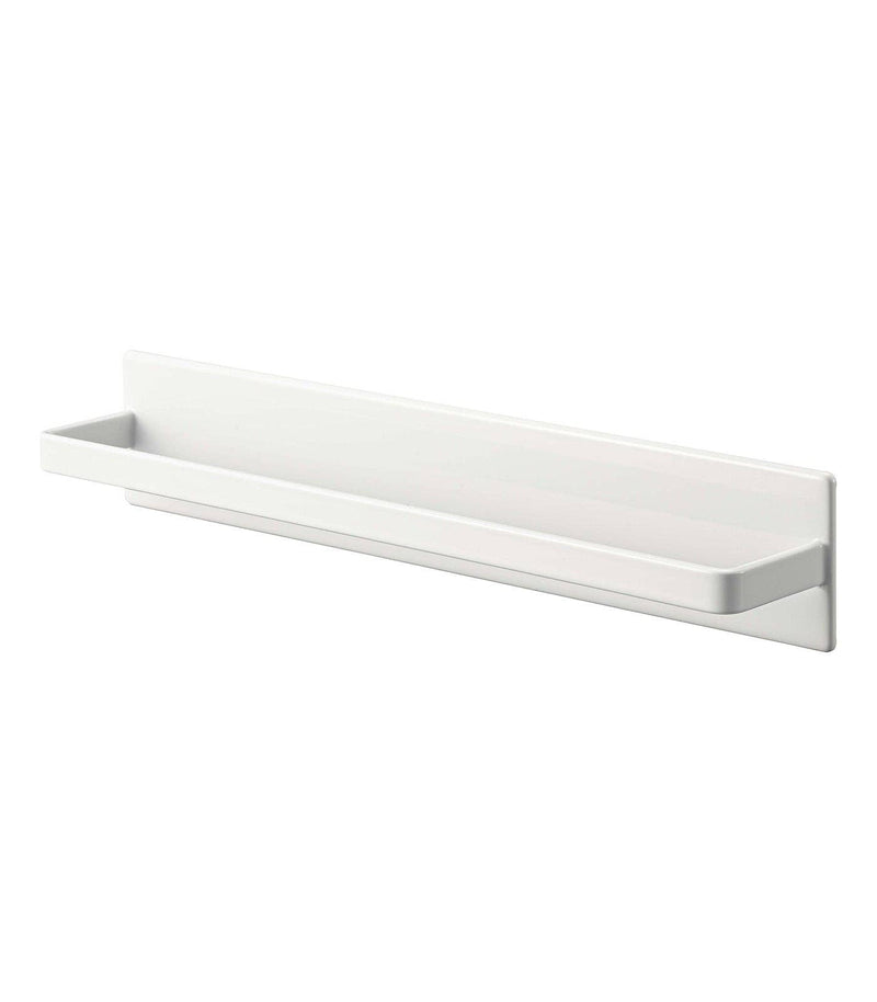 Yamazaki Home - Magnetic Kitchen Towel Hanger - Steel: White, a sleek wall-mounted shelf designed for organizing towels and kitchen tools with included S-hooks for additional hanging options.