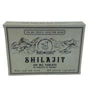 Roots And Leaves - Pure Shilajit Tablets 60ct. Features 100% raw Shilajit, 200mg tablets, in a recyclable carton with mountain illustration and herbal remedies logo.