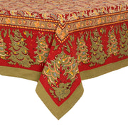 Couleur Nature - Noel Red & Green | French Tablecloths: 59 x 86 showcases festive Christmas motifs in red and olive-green, handprinted on fine French linen.