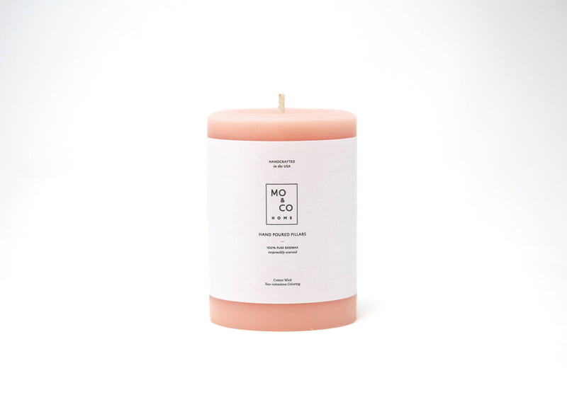 Mo&Co Home - 100% Beeswax Pillar Candle in Rose Pink, 3x6 inch size, featuring a white label. Perfect for eco-friendly home decor and celebrations.