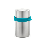 PlanetBox - TRAILHEAD DUO SNACK CONTAINER, stainless steel with a teal silicone grip, features a cap that doubles as a cup, ideal for on-the-go snacking.