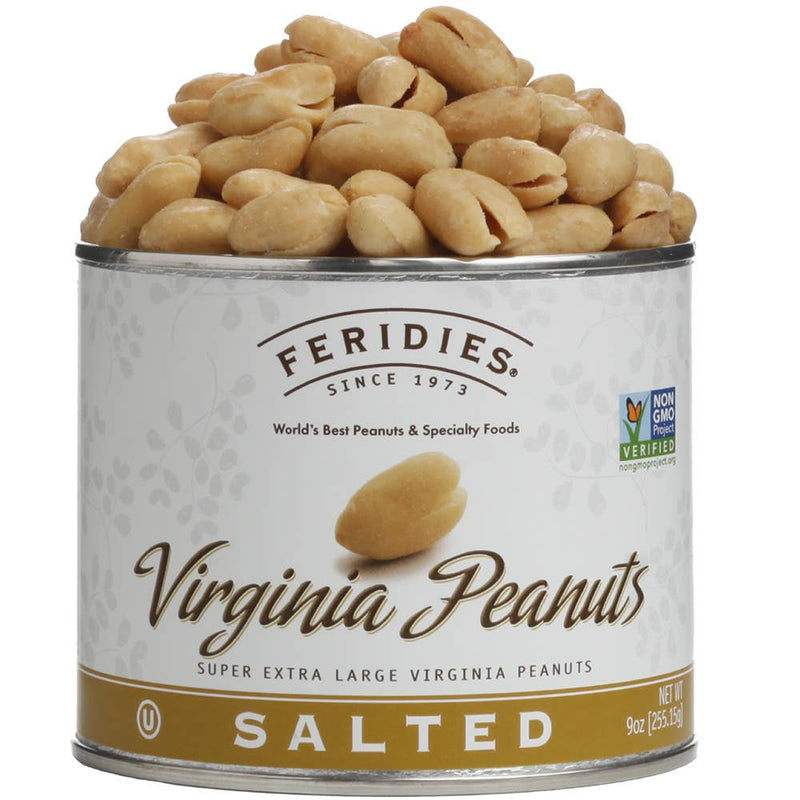 FERIDIES - 9 oz. Salted Virginia Peanuts canister, showcasing super extra large, lightly salted, roasted peanuts, ideal for cooking enthusiasts seeking quality snack options at Athens Cooks.