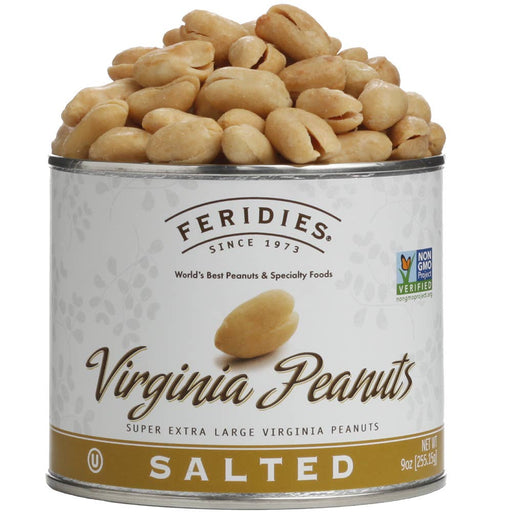 FERIDIES - 9 oz. Salted Virginia Peanuts canister, showcasing super extra large, lightly salted, roasted peanuts, ideal for cooking enthusiasts seeking quality snack options at Athens Cooks.