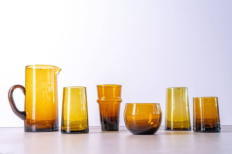 Moroccan Cone Glassware Large Amber - Set of 6 - hand-blown glasses with organic shapes, featuring suspended bubbles, made from recycled glass, ideal for beverages or table decoration.