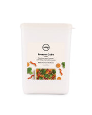 W&P Freezer Cube Storage Containers: Set of 3 - Small/Medium/Large, showcasing stackable, transparent cubes with a label area, ideal for efficient, sustainable food storage.