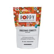 Poppy Hand-Crafted Popcorn - Christmas Confetti Popcorn in a festive pouch, features salted caramel popcorn with chocolate drizzle and sprinkles, ideal for holiday gifting.