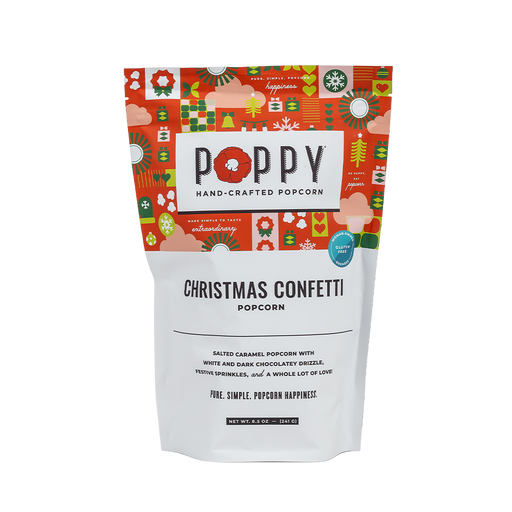 Poppy Hand-Crafted Popcorn - Christmas Confetti Popcorn in a festive pouch, features salted caramel popcorn with chocolate drizzle and sprinkles, ideal for holiday gifting.