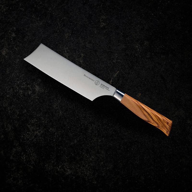 Messermeister - Oliva Elite Nakiri 6.5 Inch Knife with polished stainless steel blade and olive-wood handle, designed for precision vegetable cutting.