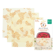 Bee's Wrap - Large 3 Pack Wraps featuring a honeycomb pattern, designed for kitchen use to cover bowls and store produce, visible in packaging.