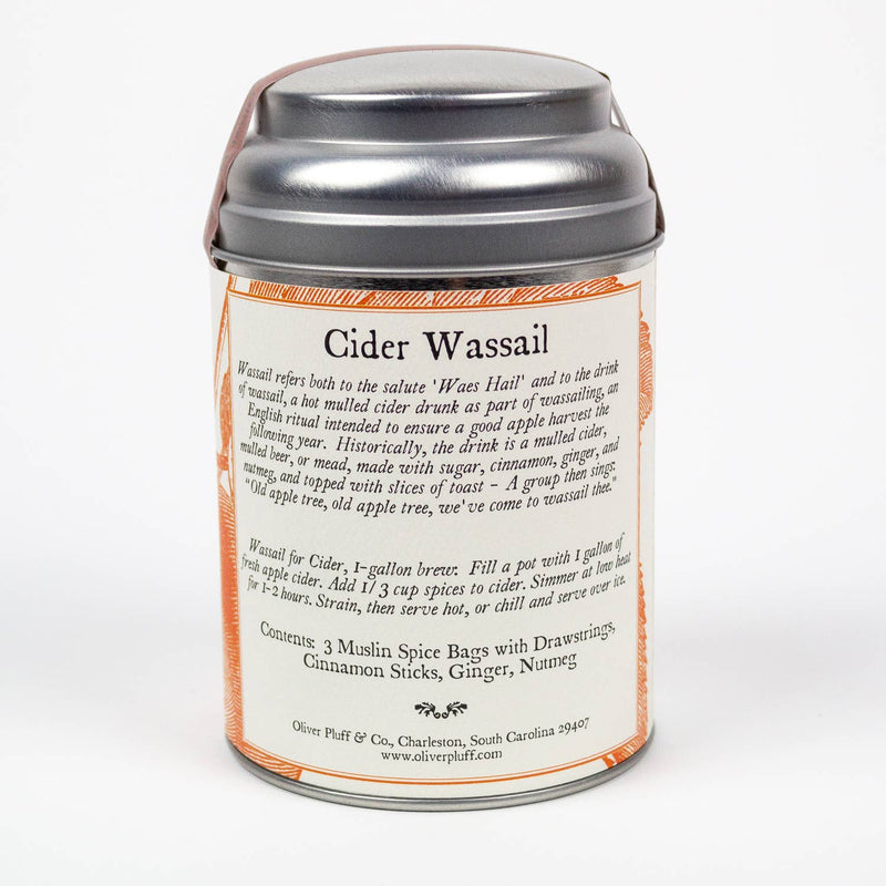 Oliver Pluff & Company - Cider Spices Wassail Kit, featuring a metal canister with muslin spice bags for brewing traditional hot mulled cider with cinnamon, ginger, and nutmeg.