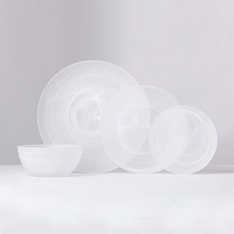 Fortessa | La Jolla White 8.25 Salad/Dessert Plate displayed with complementary bowls, showcasing elegant tableware inspired by sea glass design.