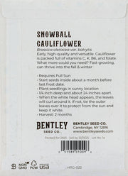 Bentley Seed Co. - Cauliflower-Snowball 1884 seed packet back detailing planting instructions, nutritional info, harvest time, and company details. Ideal for kitchen gardening enthusiasts.