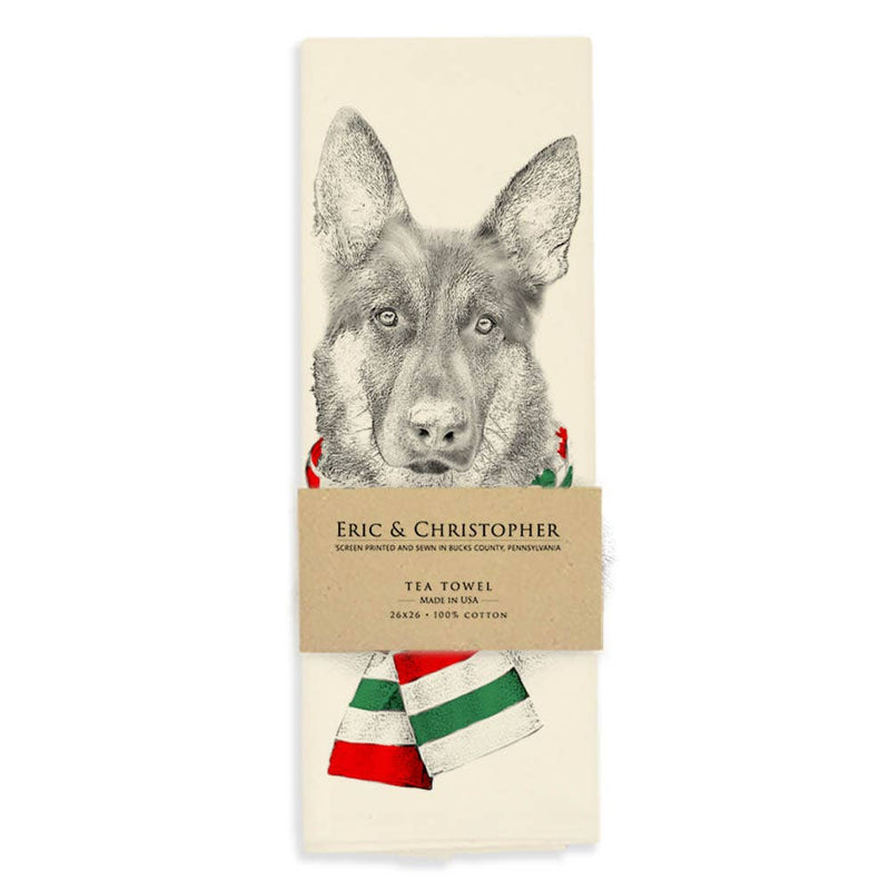 Eric & Christopher - German Shepherd with Red Scarf Tea Towel, 26×26 cotton, featuring a detailed dog portrait, wrapped in kraft-paper band.