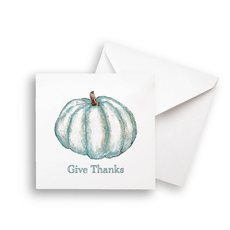 Greeting card featuring a hand-painted blue pumpkin with Give Thanks text, titled French Graffiti - Blue Pumpkin: Natural Guest Towel, envelope included.