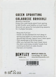 Bentley Seed Co. - Broccoli-Green Sprouting 1800's packet back with growing instructions, seed details, company info, and non-GMO/USA icons visible.
