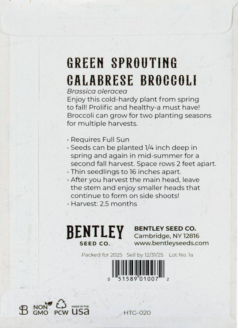 Bentley Seed Co. - Broccoli-Green Sprouting 1800's packet back with growing instructions, seed details, company info, and non-GMO/USA icons visible.