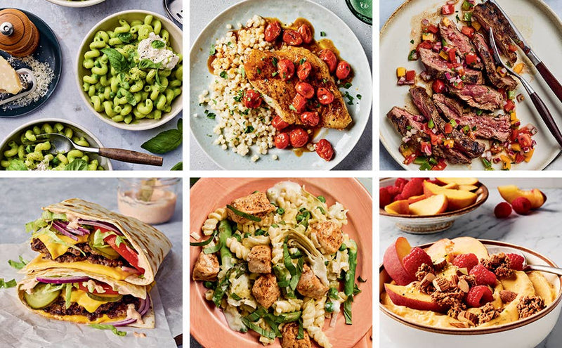 Collage of six protein-rich dishes from Skinnytaste High Protein by Penguin Random House LLC, showcasing diverse, flavorful, and easy-to-prepare meals for various dietary preferences.