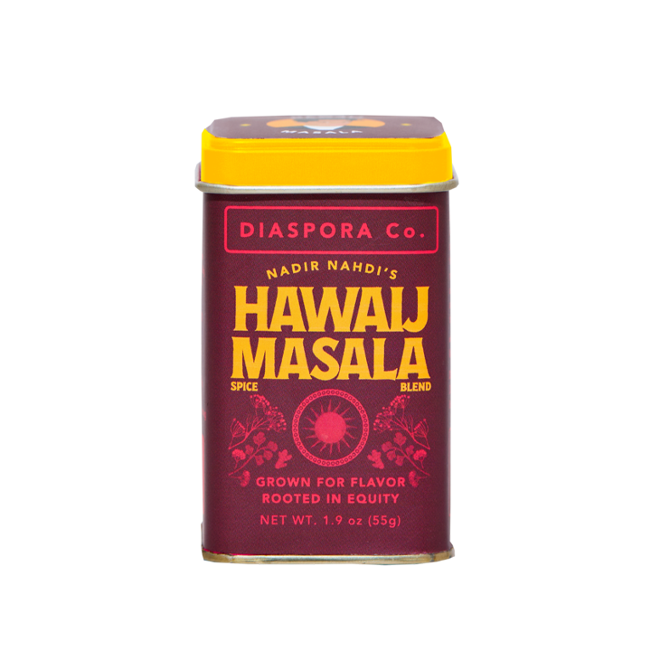 Diaspora Spices Co. - Hawaij Masala (Spice Blend) in a 1.9 oz dark-red tin with yellow lid, highlighting savory flavors from cumin and cloves.