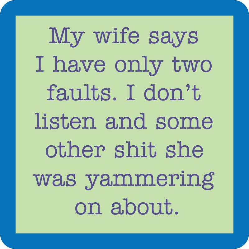 Drinks on Me - COASTER Two Faults: A humorous resin coaster with cork backing, perfect for bar decor or gifting, featuring witty typewriter-style text.