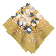 Couleur Nature - Forest Harvest Mustard & Blue Napkins - Set of 6, featuring hand-printed fruit and leaf patterns on mustard-yellow, crafted from 100% cotton.