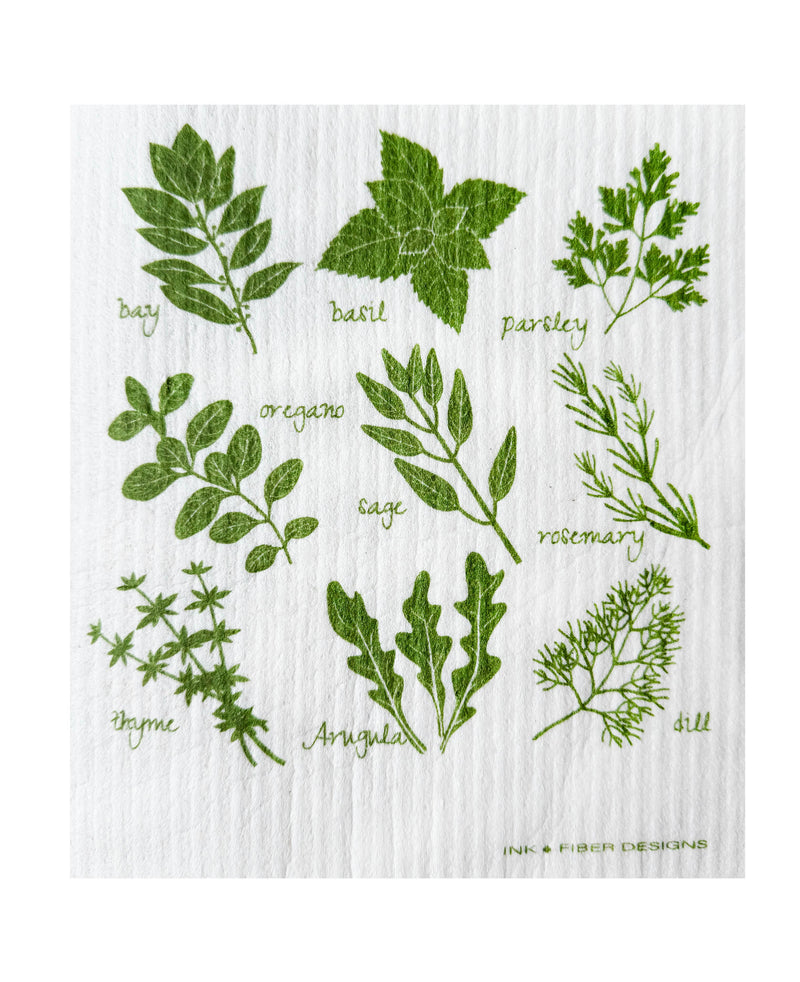 Herb-patterned Swedish dishcloth from Ink and Fiber Designs, ideal for eco-friendly cleaning and absorbing spills. Perfect paper towel replacement, reusable and compostable.