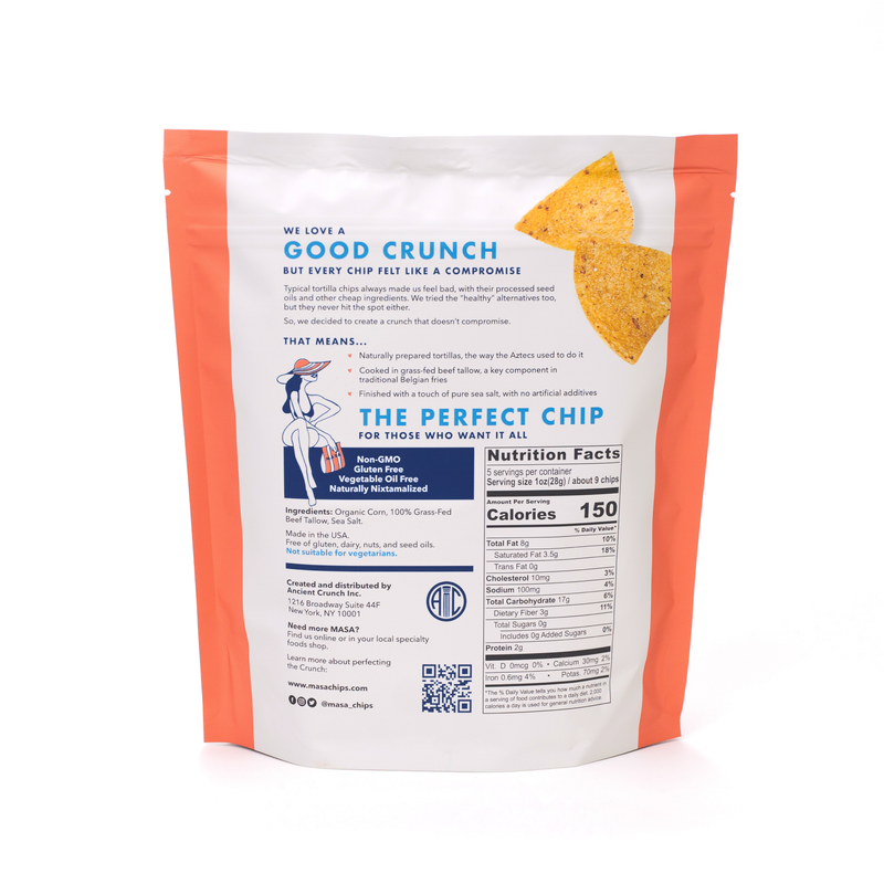Ancient Crunch | Masa Chips, Traditional Tortilla: Resealable pouch with product story, ingredients, nutrition facts, and illustration of a woman snacking.