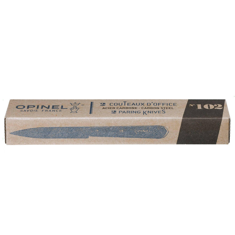 Opinel | No.102 Carbon Paring Knives - Set of 2 in kraft-paper packaging, ideal for precision cutting and culinary tasks.