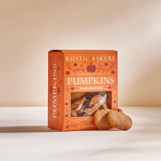 Rustic Bakery - Pumpkin Spice Cookies (12/case) with pumpkin-shaped cookies visible through box window, ideal for celebrating fall flavors.