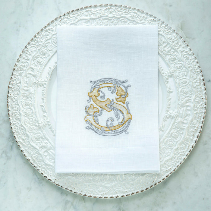 Crown Linen Designs | Vintage Vine Monogram Tri-Fold Napkin.