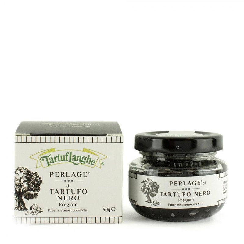 TartufLanghe - Truffle Perlage – Caviar-Style Pearls in a 50g jar; innovative black truffle spheres for gourmet cooking, celebrated for their intense flavor and elegant presentation.