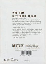 Bentley Seed Co. Waltham Butternut Squash packet with planting instructions and tasting notes, ideal for soups and casseroles; packed for 2025, non-GMO, USA-made.