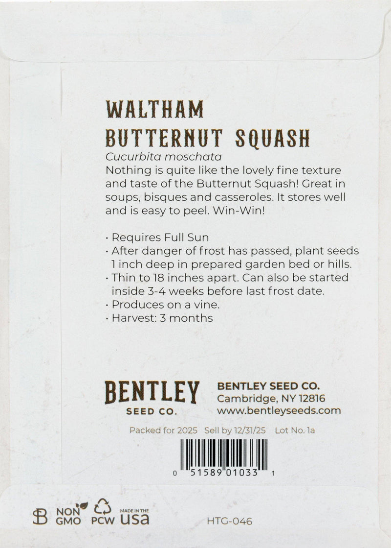 Bentley Seed Co. Waltham Butternut Squash packet with planting instructions and tasting notes, ideal for soups and casseroles; packed for 2025, non-GMO, USA-made.