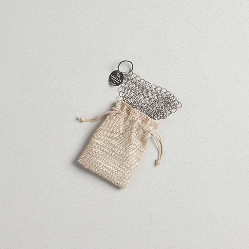 Smithey stainless steel chainmail scrubber with logo tag and drawstring bag