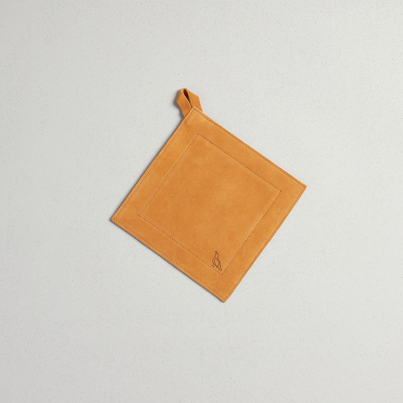 Smithey suede potholder with stitched border and hanging loop