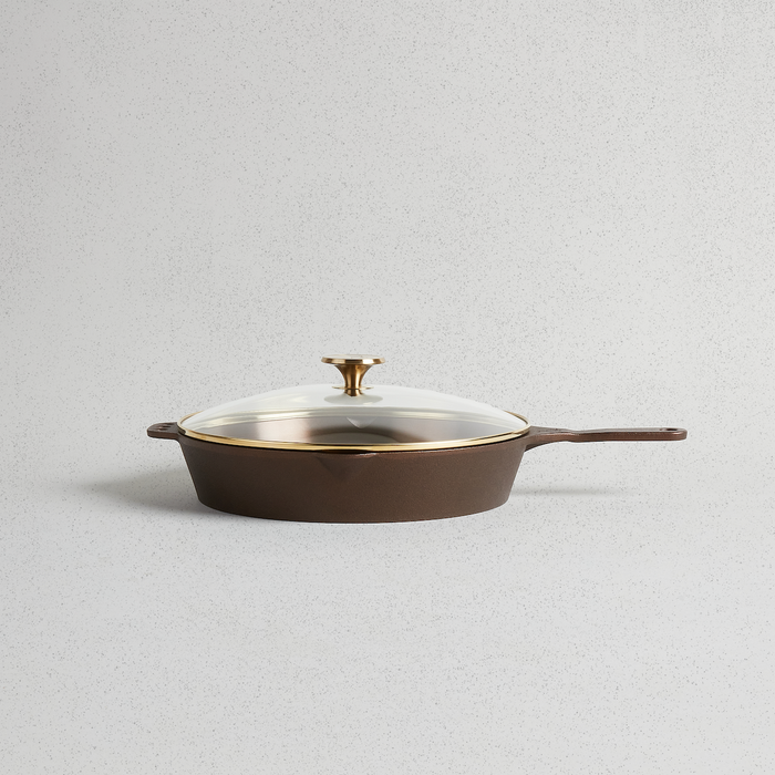 Smithey | Glass Lids: A durable brown pan with a clear glass lid, ideal for versatile cooking, available at Athens Cooks.