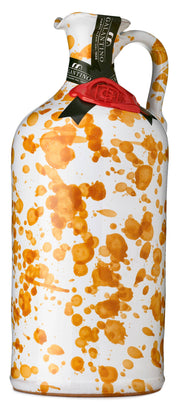 Zia Pia - Fantasia Extra Virgin Olive Oil Ceramic-Yellow by Galantino: White ceramic jug with orange splatters, red wax seal, filled with premium olive oil from Puglia, Italy.