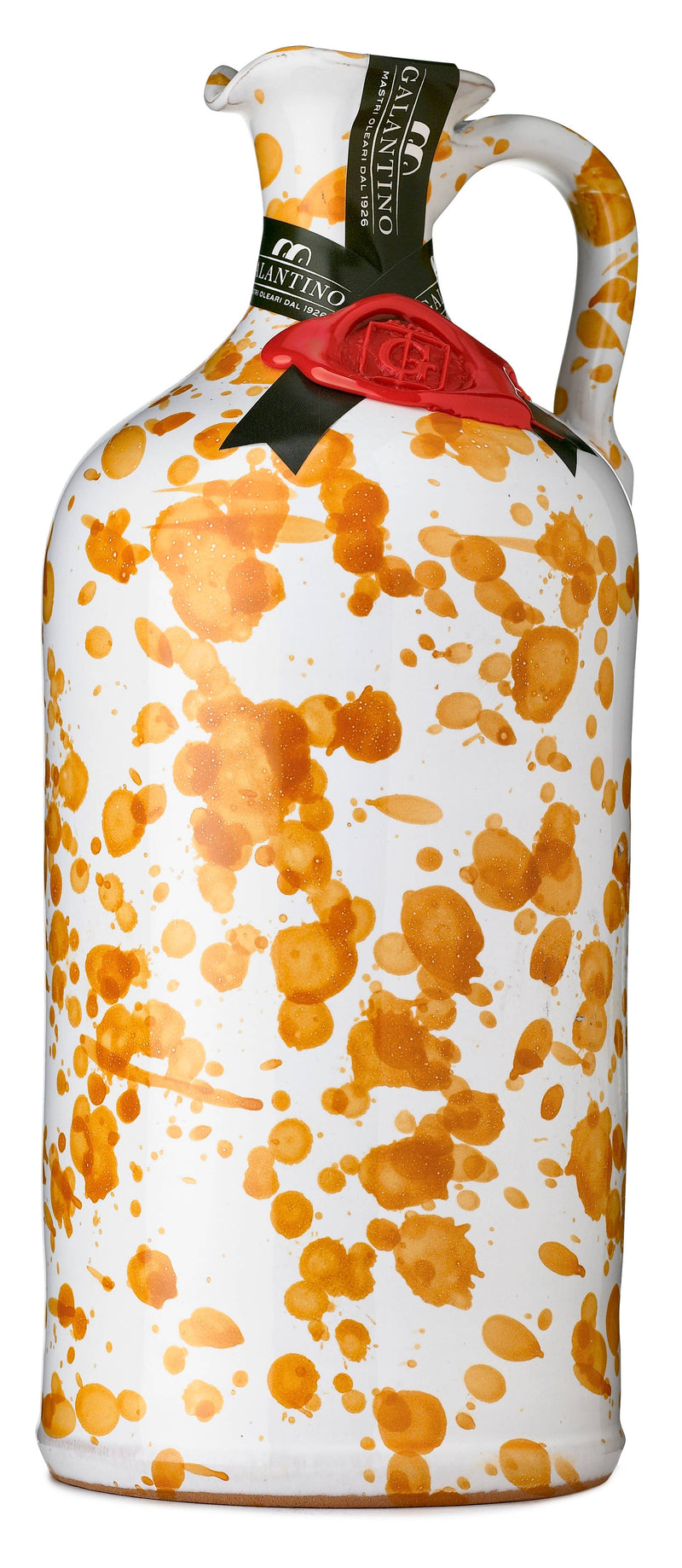 Zia Pia - Fantasia Extra Virgin Olive Oil Ceramic-Yellow by Galantino: White ceramic jug with orange splatters, red wax seal, filled with premium olive oil from Puglia, Italy.